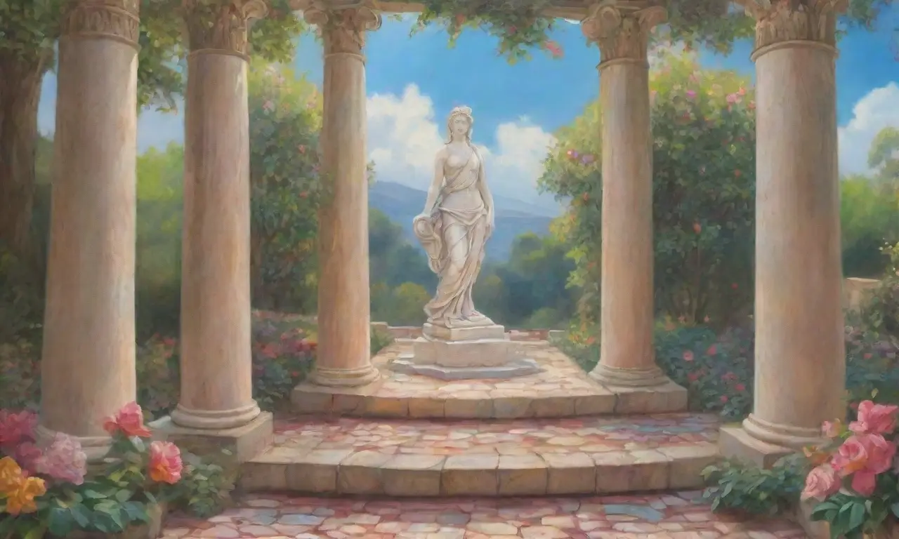 Un jardín vibrante con flores, columnas griegas y una diosa en un cielo sereno