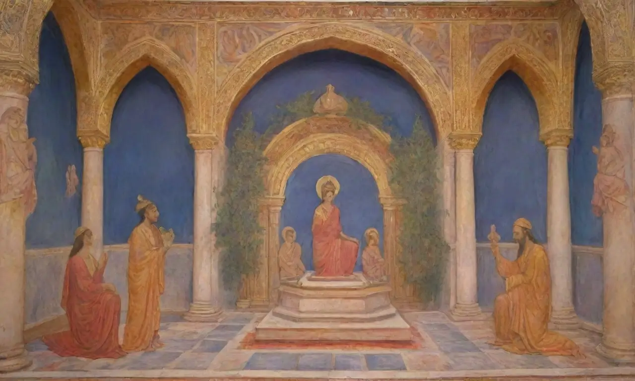 Un mural vibrante rodeado de deidades romanas, ofrendas, rituales y un ambiente sagrado