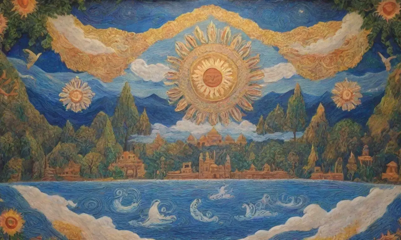 Un mural vibrante que celebra la vida y la cultura con figuras de Obatala, naturaleza y símbolos sagrados