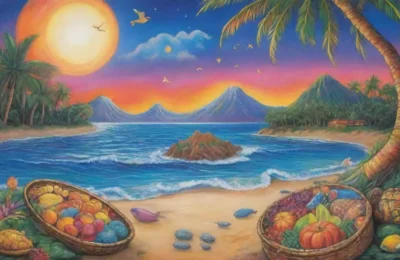 Un paisaje tropical lleno de colores vibrantes