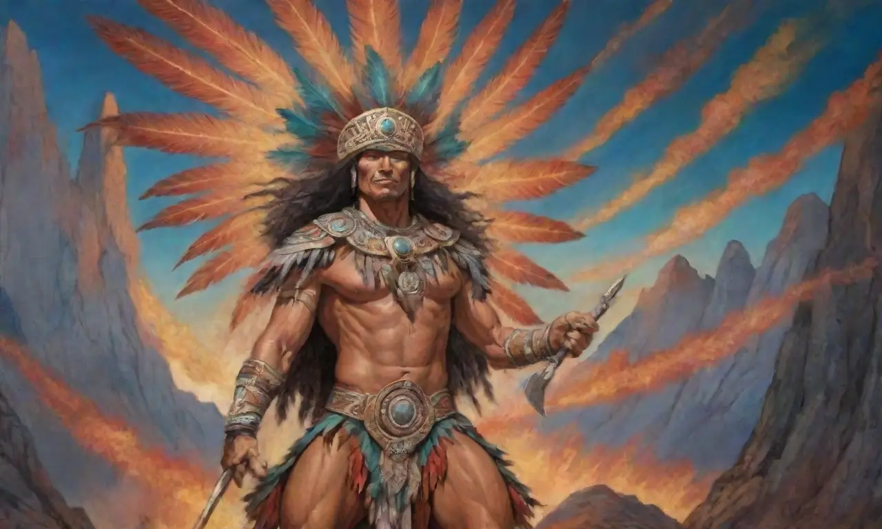 Un guerrero feroz con un hacha obsidiana y un tocado de plumas se erige entre colores vibrantes y símbolos sagrados en un paisaje de batalla