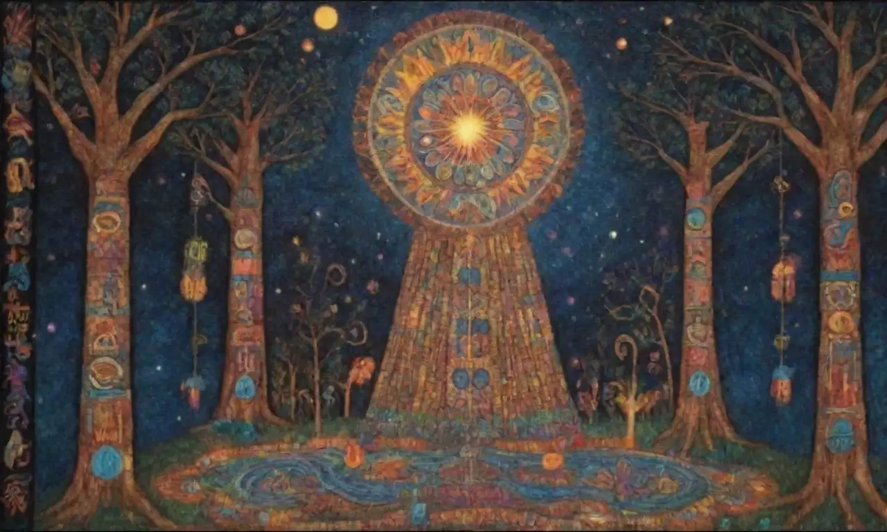 Un mosaico de colores, símbolos y rituales ancestrales se entrelaza en un paisaje místico
