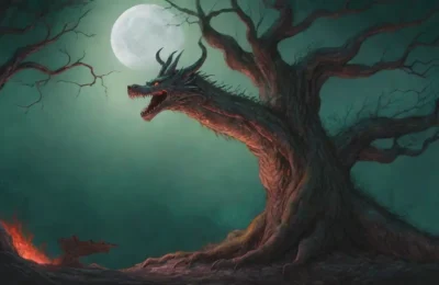 Un bosque oscuro con un dragón de tres cabezas y un castillo distante evoca la esencia del folclore eslavo