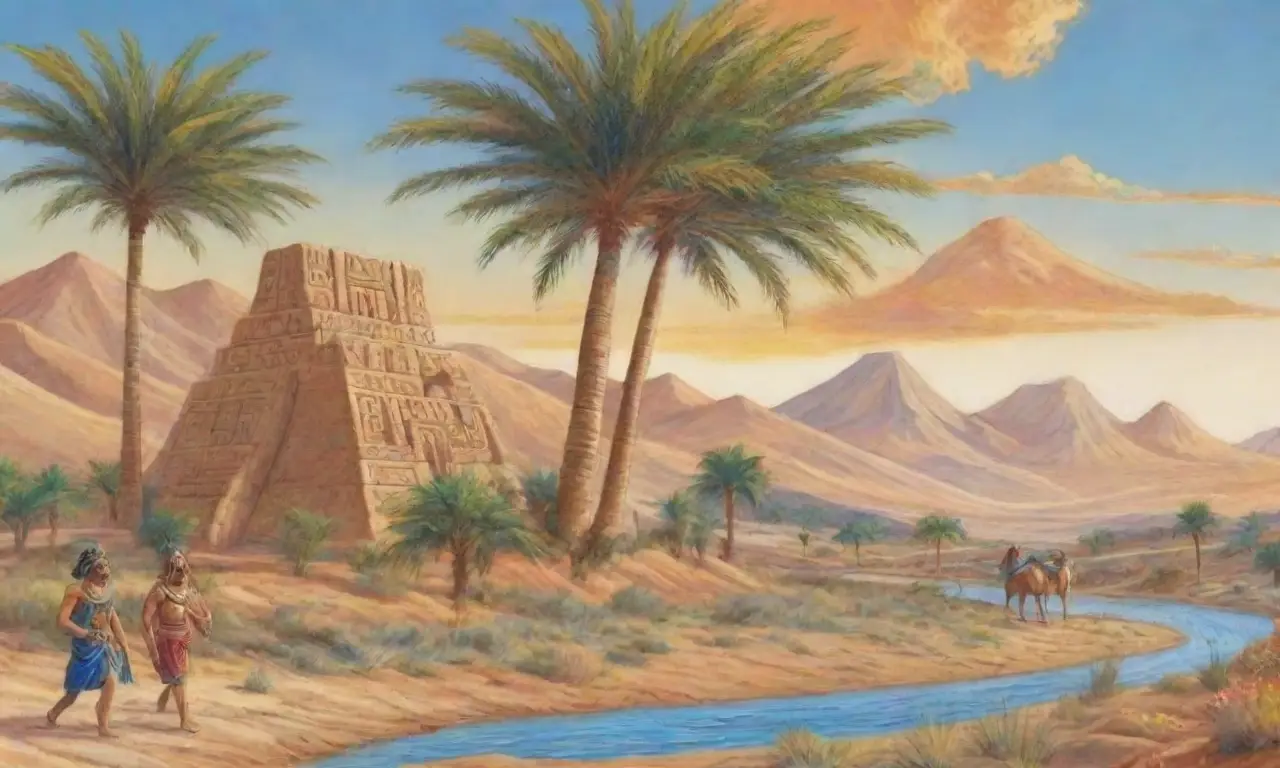 Gilgamesh y Enkidu se destacan en un paisaje mesopotámico dorado, rodeados de naturaleza y un ambiente de camaradería