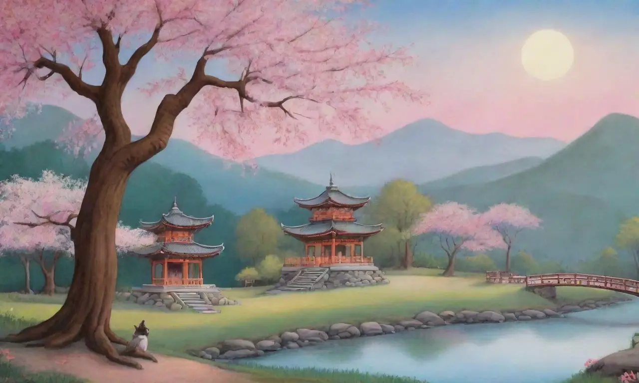 Un paisaje sereno con montañas verdes, un río tranquilo, flores de cerezo, un sabio bajo un árbol y amigos compartiendo té, todo simboliza la camaradería