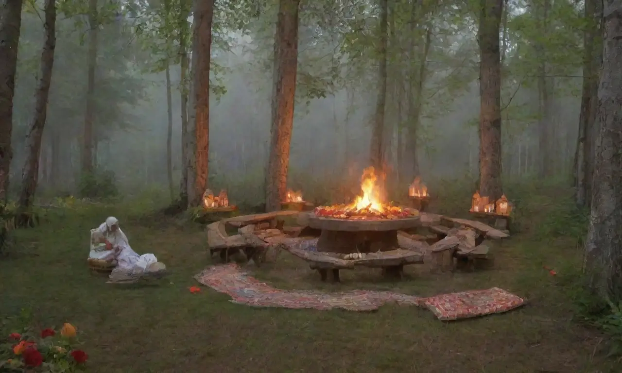 Un bosque antiguo y etéreo con personas en trajes tradicionales, música, risas y una atmósfera de comunidad
