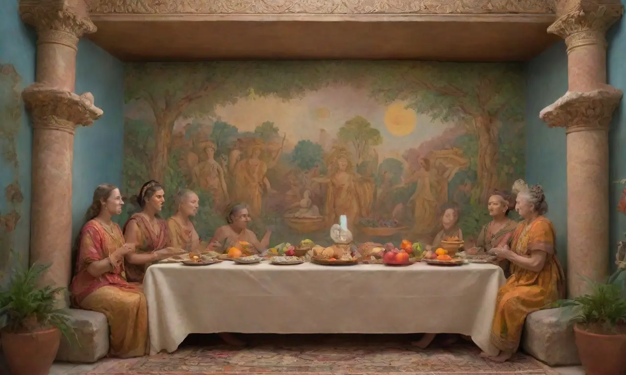 Un mural vibrante que fusiona escenas familiares romanas, figuras mitológicas y la vida cotidiana en un ambiente divino
