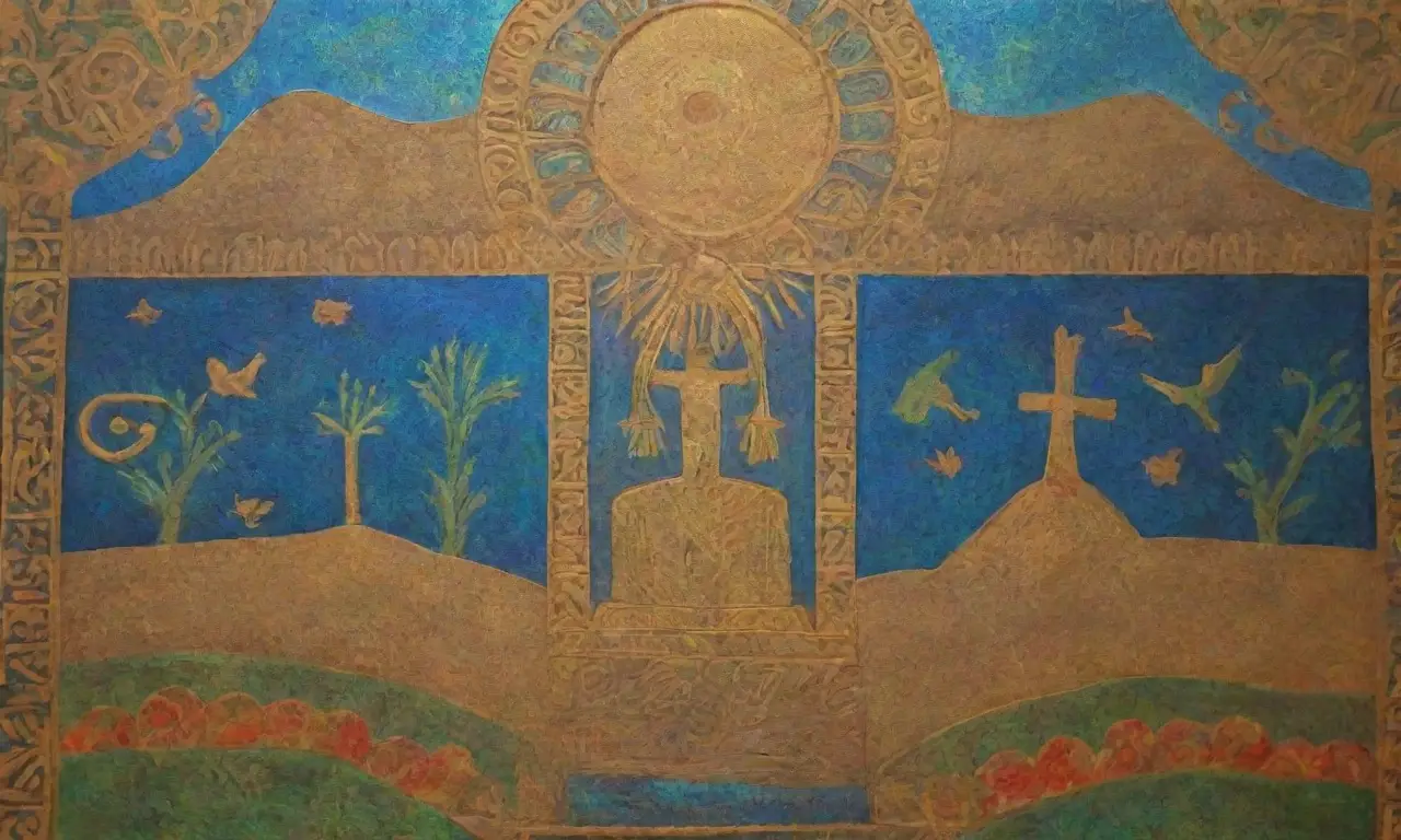 Un mural vibrante muestra a Baal rodeado de naturaleza y símbolos antiguos