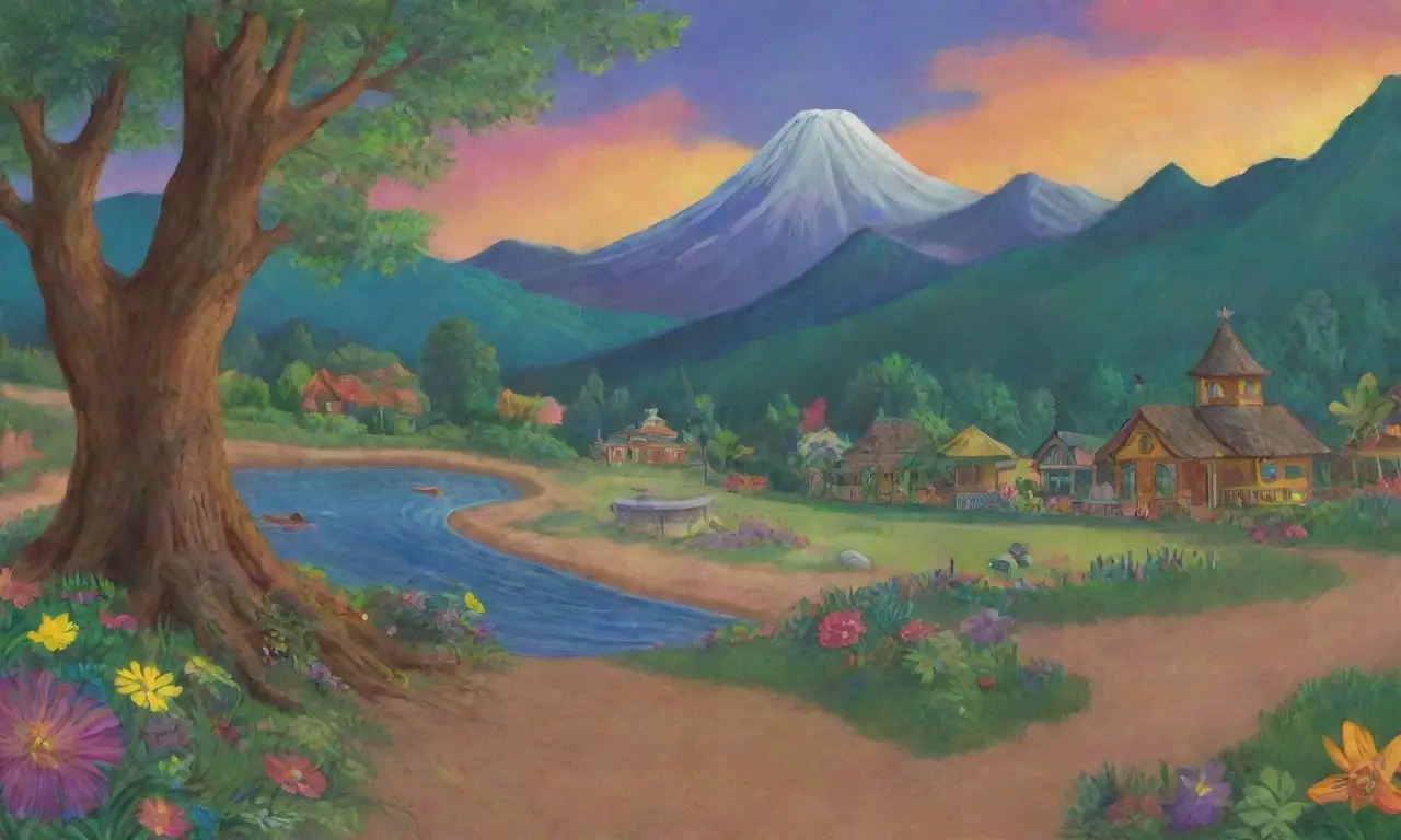 Un mural vibrante con un anciano sabio rodeado de naturaleza y niños escuchando cuentos antiguos