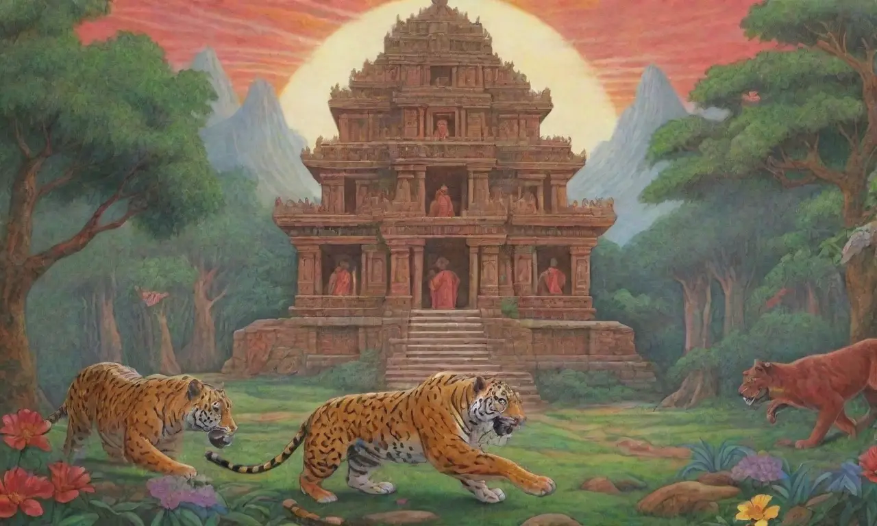 Una selva densa con templos antiguos, un jaguar majestuoso y un cazador en tensión, simbolizando el ciclo de vida y muerte