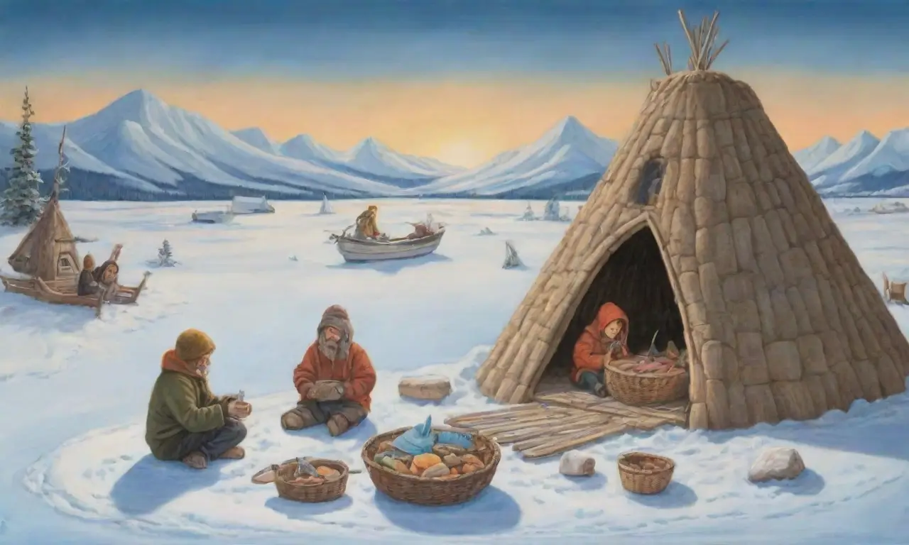 Un paisaje helado con un iglú, Inuit riendo, y la aurora boreal iluminando su vida cotidiana