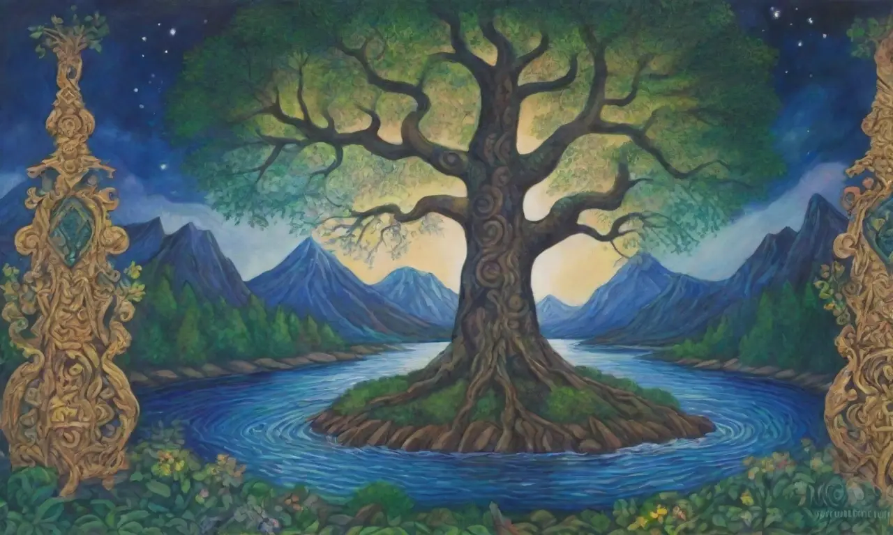 Un tapiz vibrante con colores profundos, un árbol majestuoso y un ambiente sagrado lleno de símbolos de renacimiento