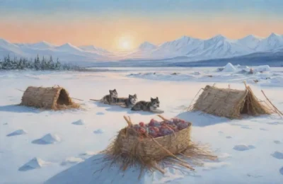 Un paisaje ártico vibrante con cazadores inuit