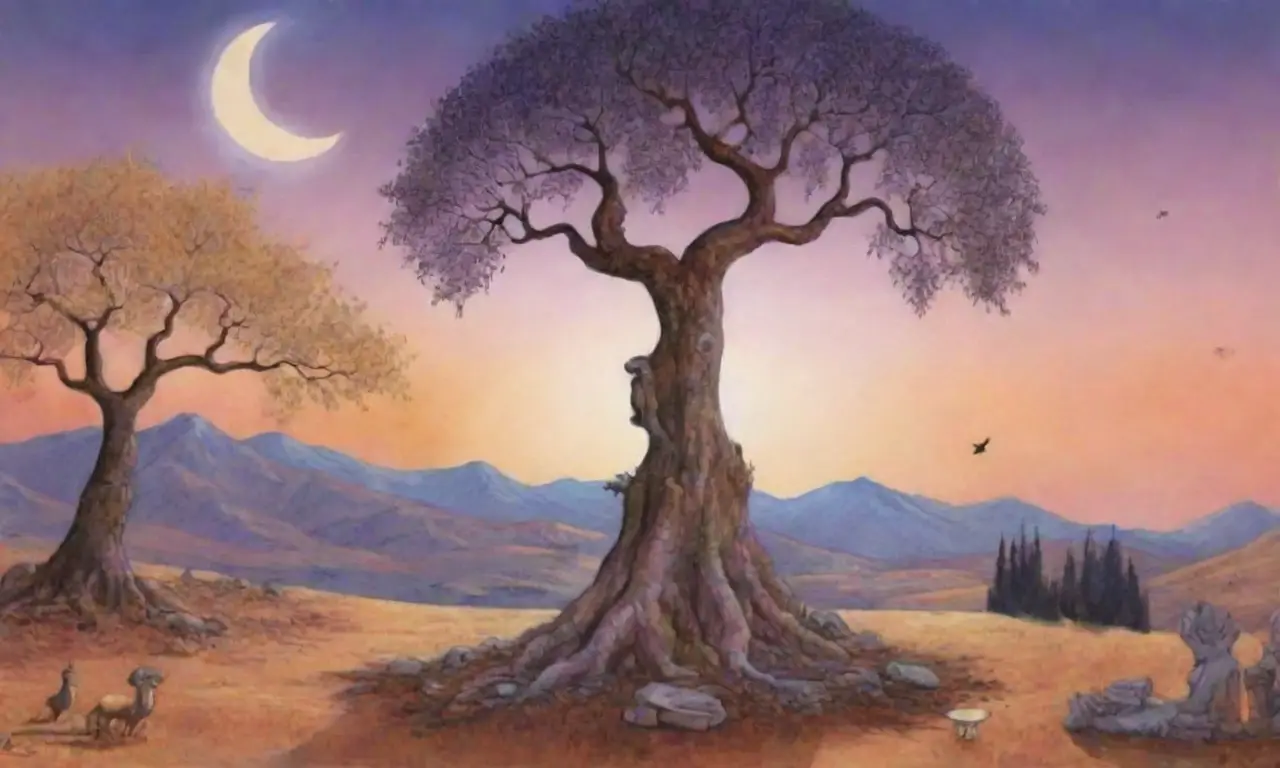 Un paisaje sumerio antiguo evoca amor y muerte en un baile entre sombras, flores marchitas y ruinas