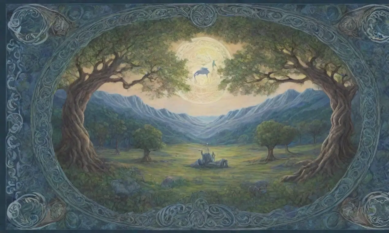 Un tapiz de verdes y azules con guerreros celtas, un ciervo majestuoso y un río de luz plateada, todo envuelto en misterio y magia