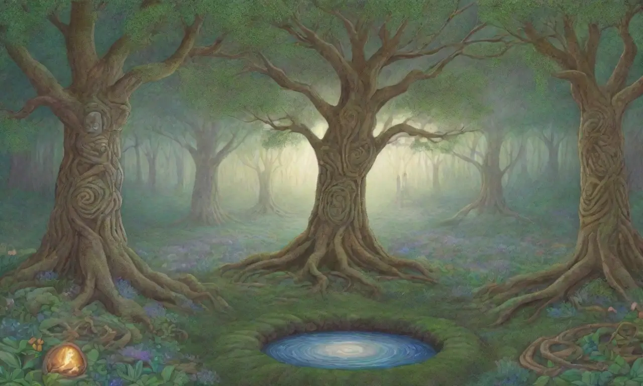 Un bosque verde con árboles antiguos, figuras en túnicas, un círculo de piedras y criaturas etéreas, todo envuelto en un aire de magia y hermandad
