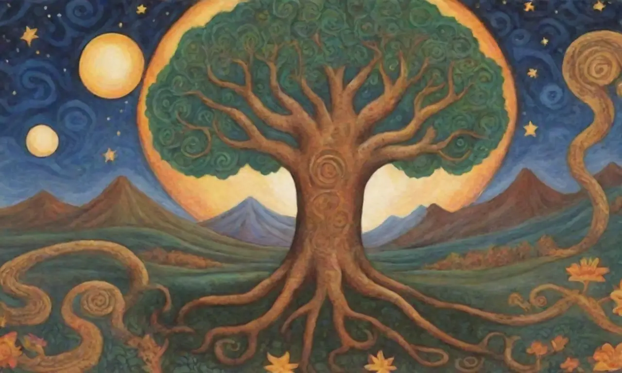 Un paisaje antiguo y místico lleno de símbolos etruscos, dioses, criaturas míticas y naturaleza vibrante