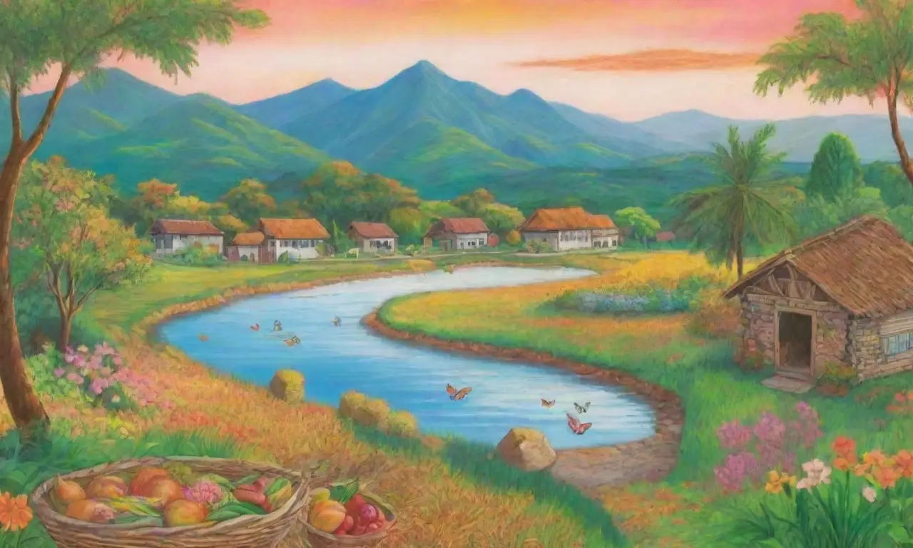 Un paisaje vibrante de campos verdes, arroz dorado, flores coloridas y un río sereno que refleja armonía y abundancia