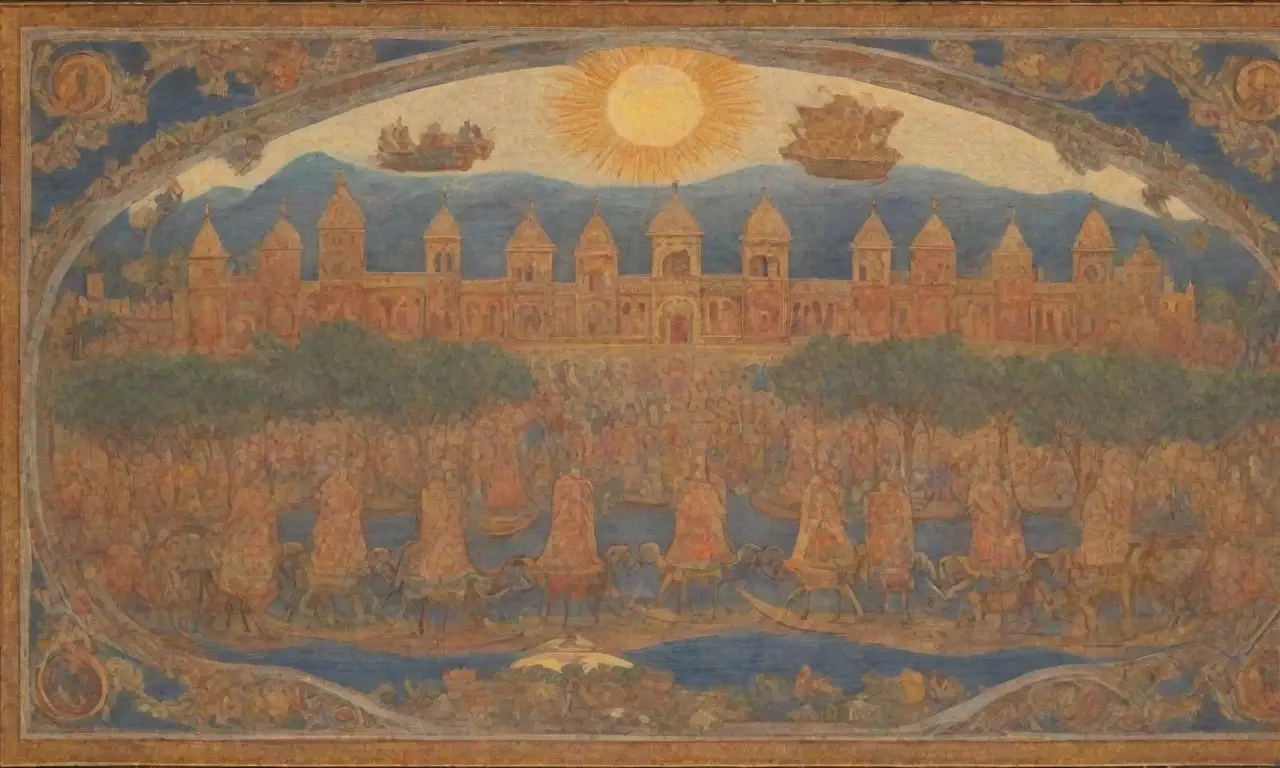 Un mural vibrante que captura la esencia de una poderosa civilización con guerreros, un palacio majestuoso y un bullicioso mercado