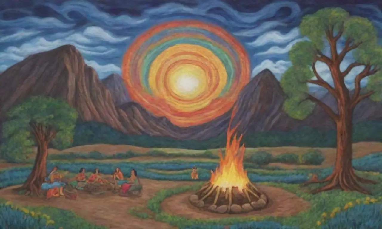 Tonos tierra vibrantes, patrones intrincados y símbolos antiguos reflejan la rica herencia cultural y la conexión con la naturaleza