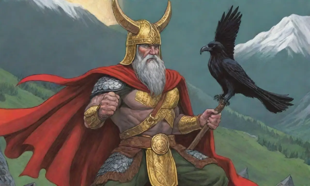 Un cielo oscuro y tormentoso con Odin, Thor y Loki en un paisaje mítico lleno de caos y poder antiguo