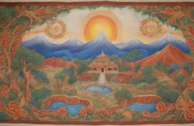 Un mural vibrante de Tlazolteotl rodeada de naturaleza y símbolos sagrados