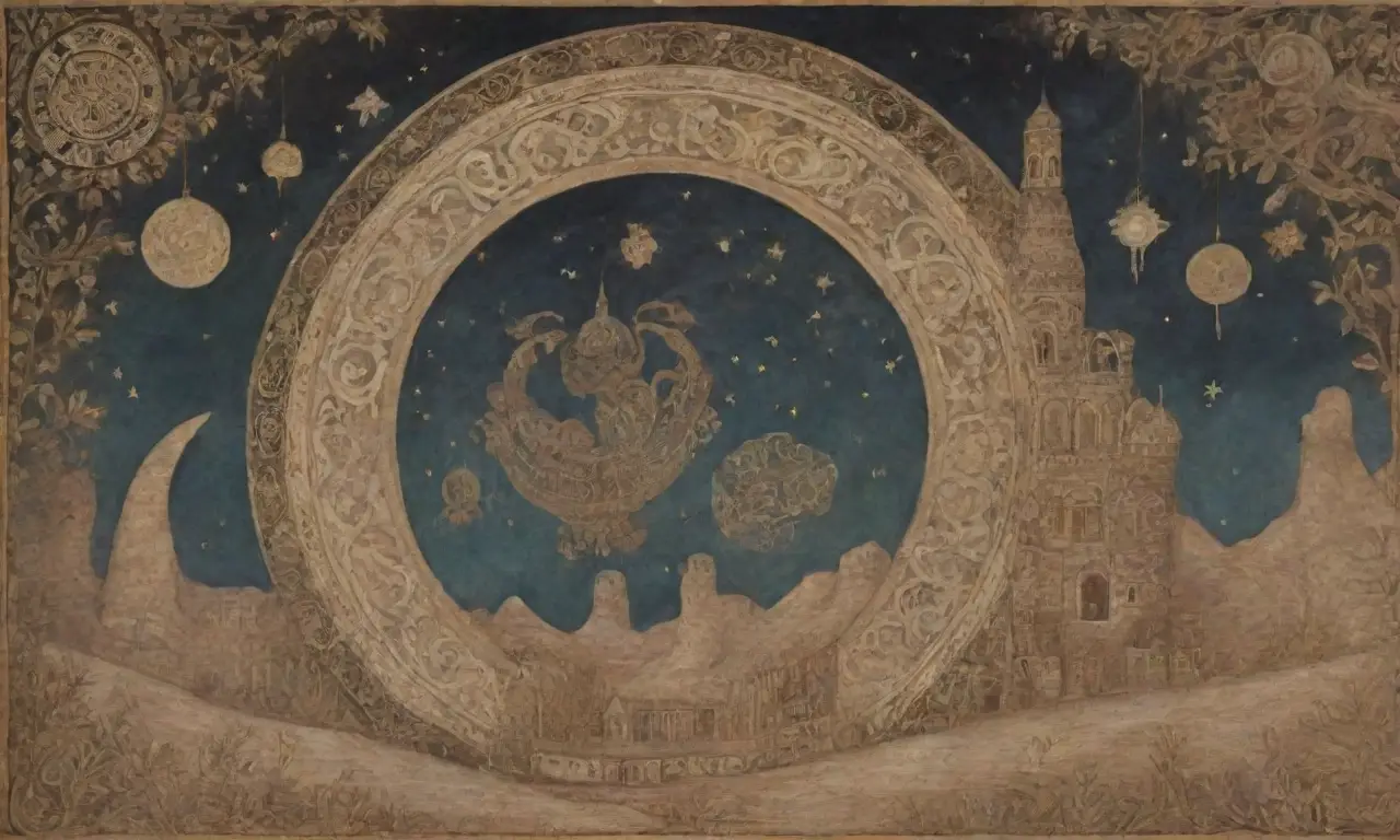 Motivos etruscos y paisajes oníricos con símbolos antiguos y una atmósfera de misterio