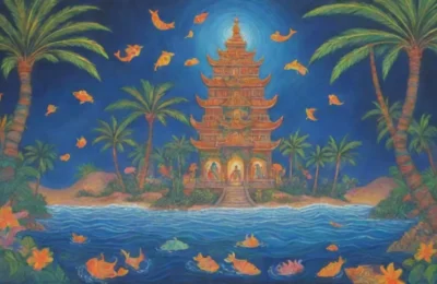 Un vibrante paisaje tropical lleno de colores