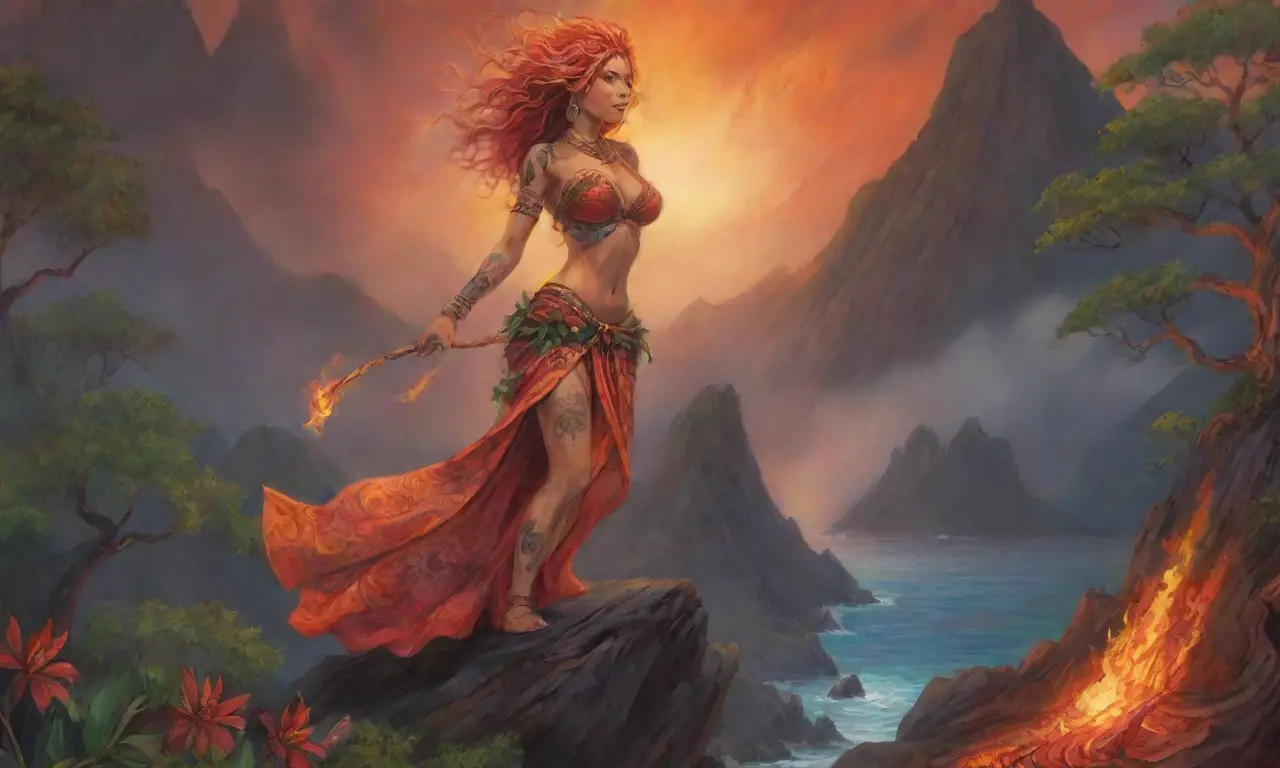 Una diosa de fuego se alza entre lava y naturaleza
