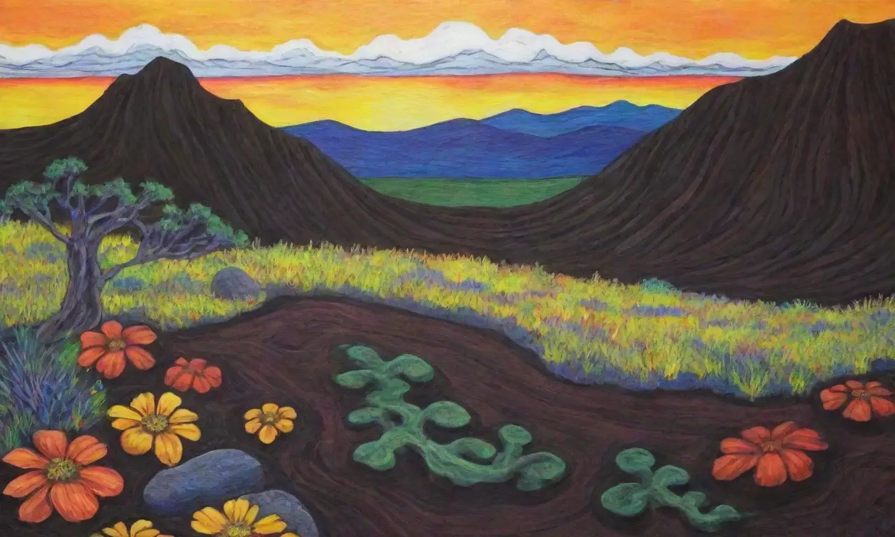 Un paisaje volcánico vibrante con lava, arte rupestre, musgo verde y un río sereno bajo un cielo azul