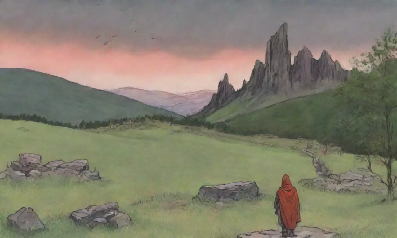Un paisaje rugged con montañas brumosas, una figura solitaria con una bufanda roja, ruinas antiguas, flores silvestres, una espada desgastada, un fuego parpadeante, nubes oscuras, un pueblo distante, una bandera raída, un diario abierto, botas embarradas, un río brillante, un cuervo en una rama, y un aire de determinación y historia