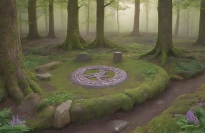 Un bosque verde y mágico con árboles antiguos
