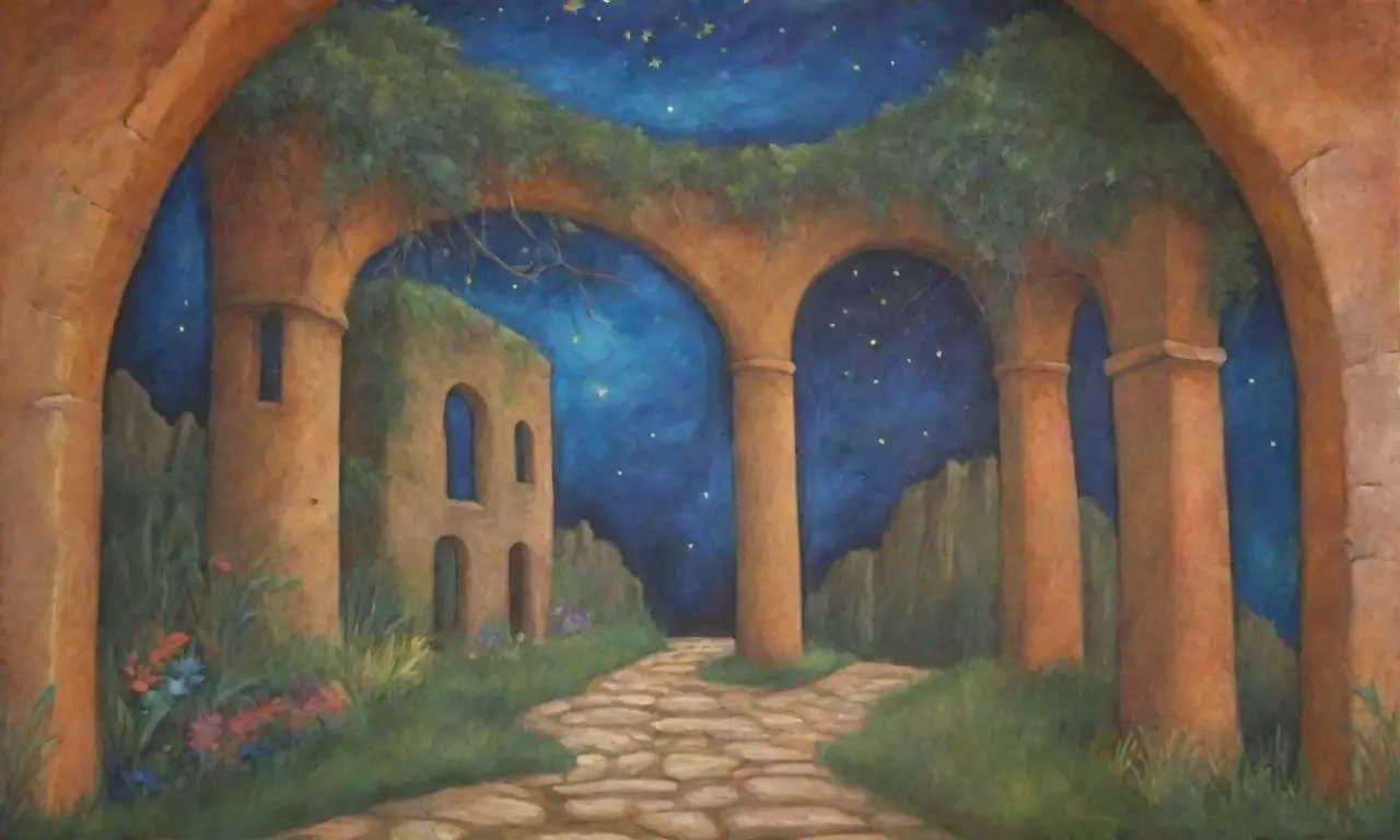Ruinas etruscas y paisajes etéreos llenos de colores vibrantes y figuras míticas