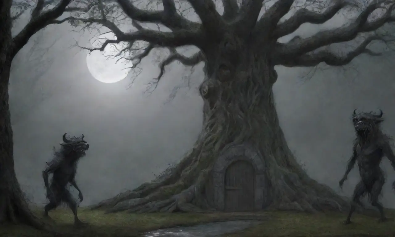 Un bosque oscuro y misterioso, con un Cerbero feroz y ruinas antiguas, evoca un inquietante sentido de lo desconocido