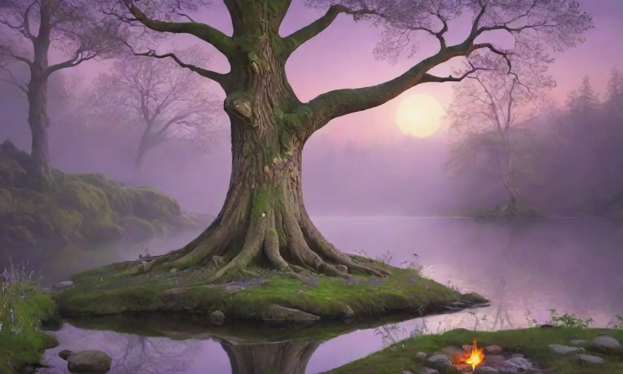 Un bosque mágico con árboles antiguos, un río brillante, figuras etéreas, y un ambiente lleno de misterio y belleza