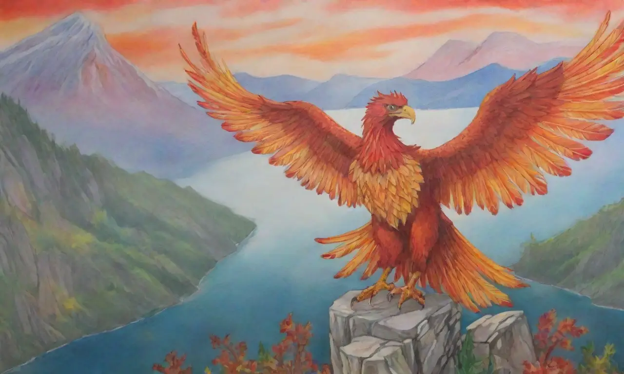 Un majestuoso grifo y un fénix ardiente se encuentran en un paisaje mágico lleno de colores vibrantes y belleza atemporal