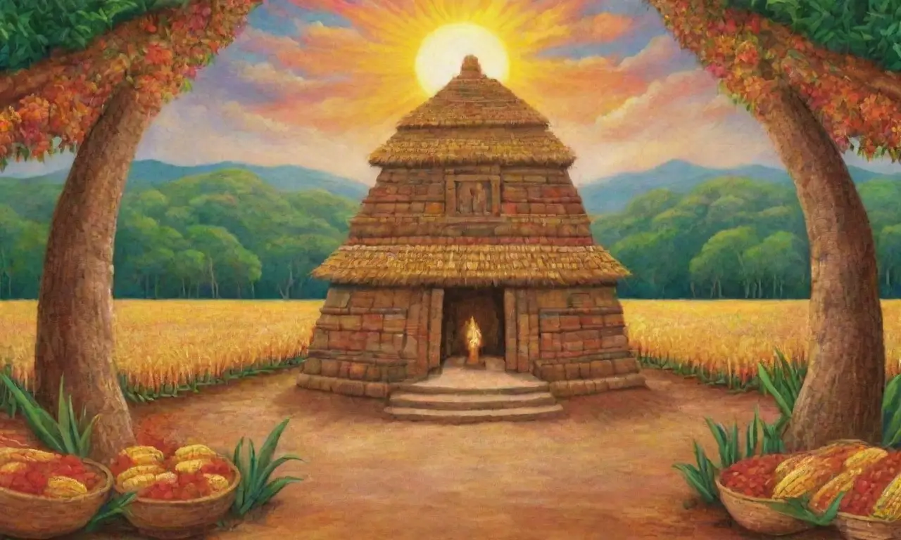 Campos de maíz vibrantes con símbolos aztecas y rituales sagrados