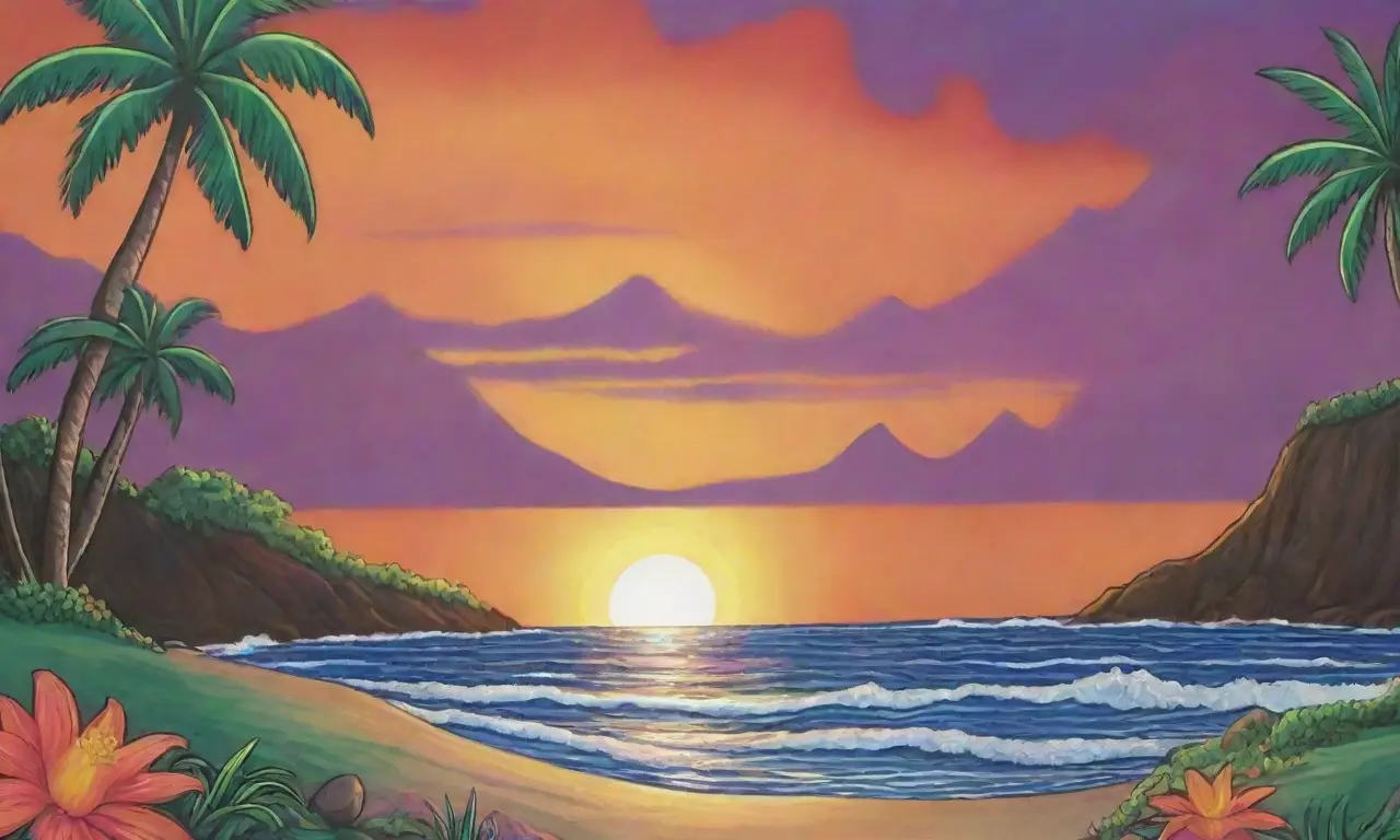 Un atardecer vibrante con Māui y un paisaje tropical lleno de energía y magia