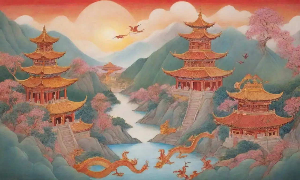 Dragones vibrantes, montañas de jade, festivales coloridos y sabiduría ancestral en un paisaje armonioso