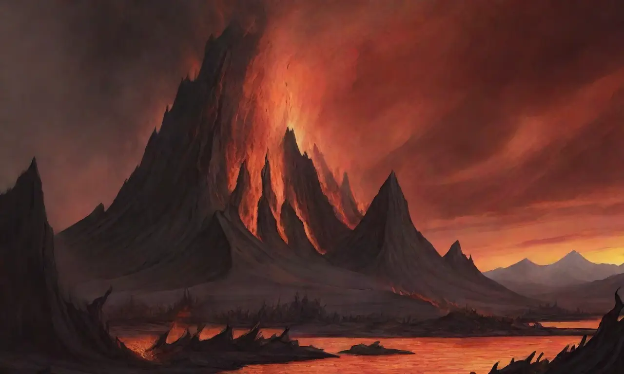 Un paisaje ardiente y caótico, con lava, llamas y criaturas míticas, al borde de la destrucción