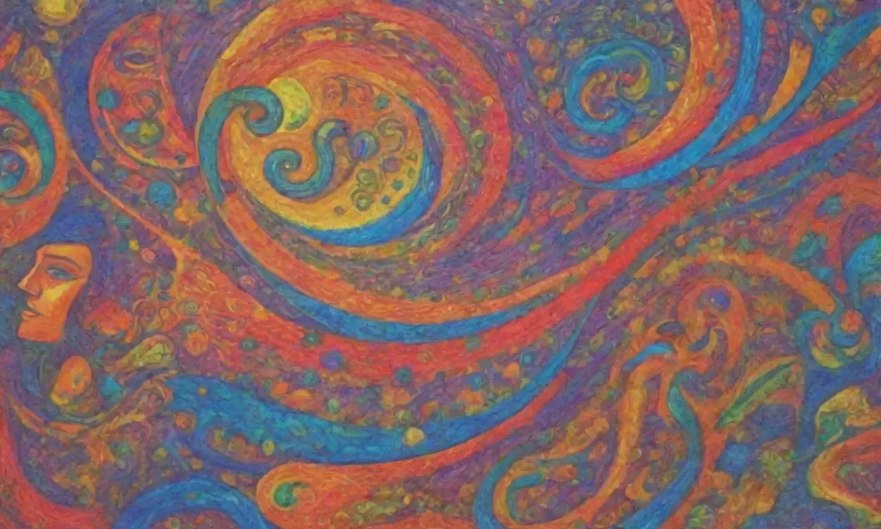 Colores vibrantes y figuras mitológicas se entrelazan en un caos artístico que evoca emociones y narrativas atemporales