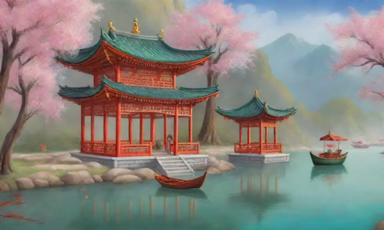 Un paisaje sereno con montañas, cerezos en flor, un río tranquilo y un ambiente de armonía y amor