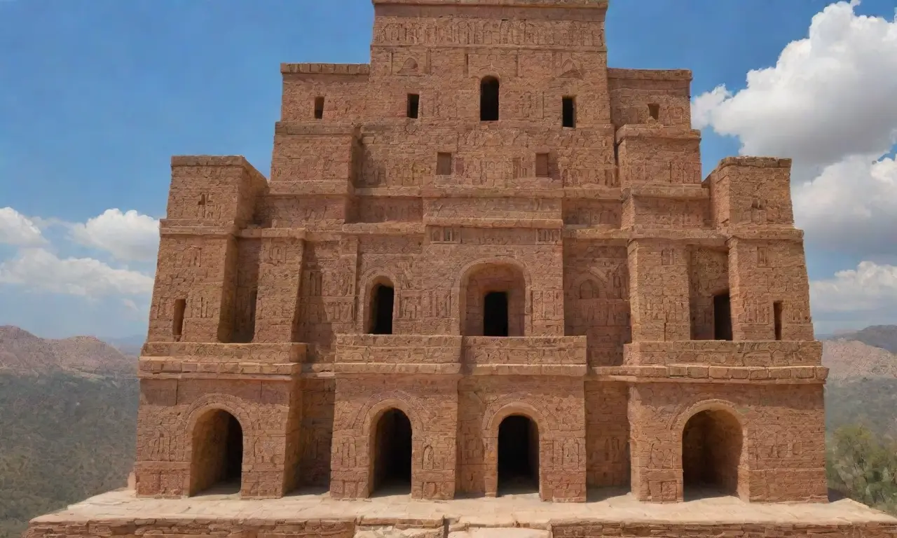 Un majestuoso zigurat rodeado de vegetación y con inscripciones antiguas evoca la historia de una civilización sagrada