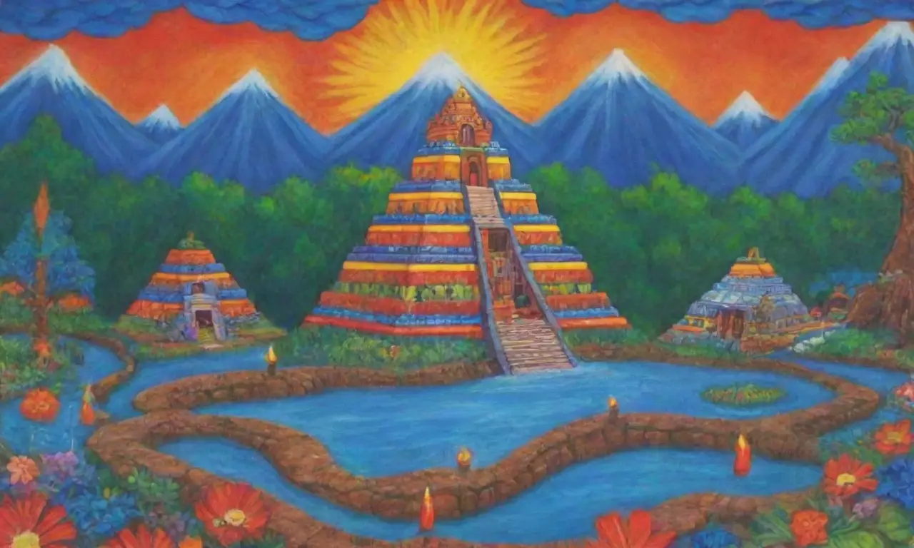 Un paisaje vibrante que fusiona la cultura de Tlaloc con elementos modernos y naturales