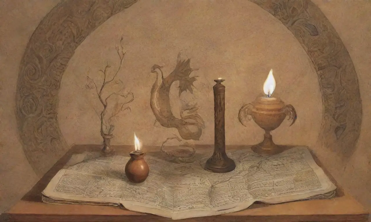 Un ambiente antiguo lleno de símbolos, leyendas y arte que evoca la historia y la mitología