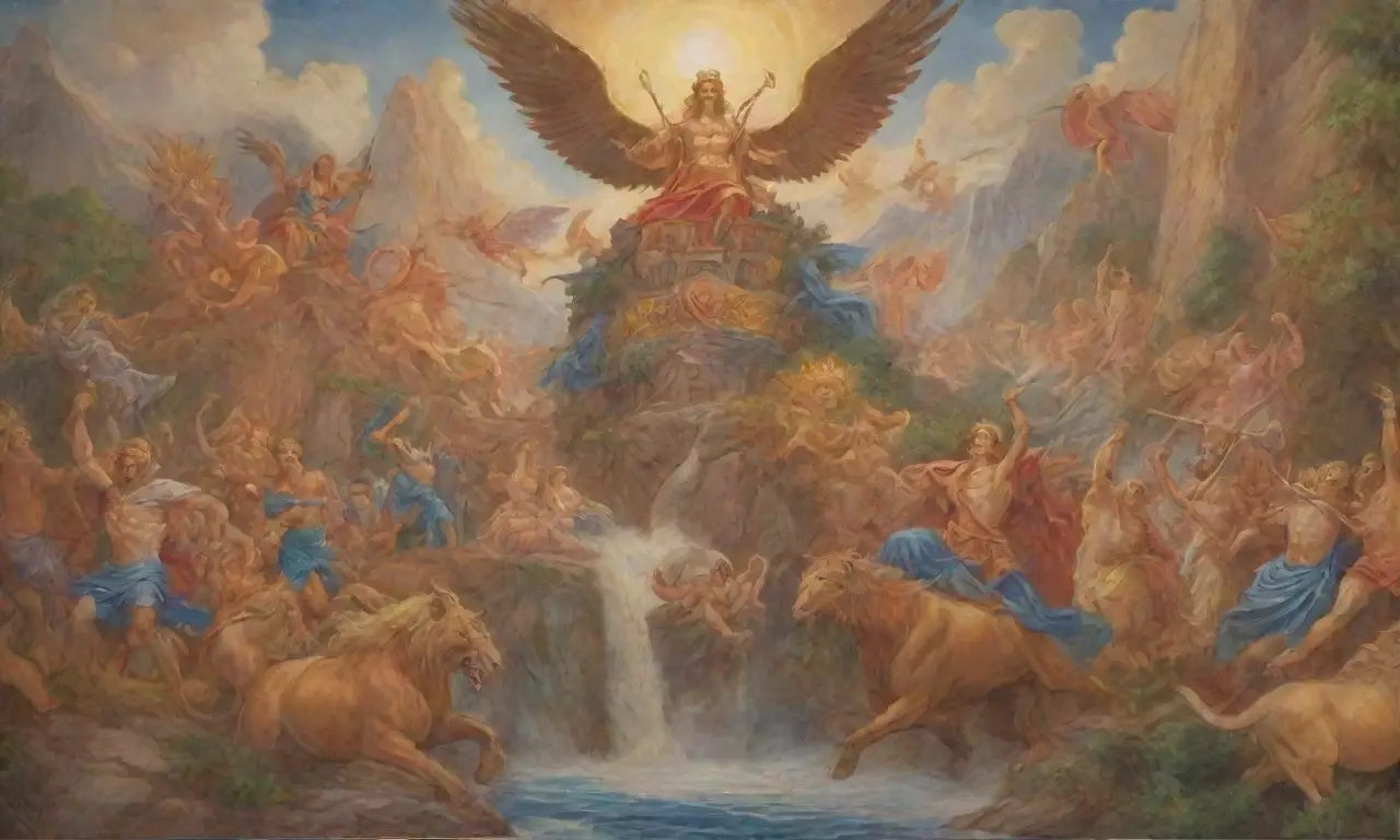 Un mural grandioso que celebra el heroísmo con colores vibrantes y figuras míticas