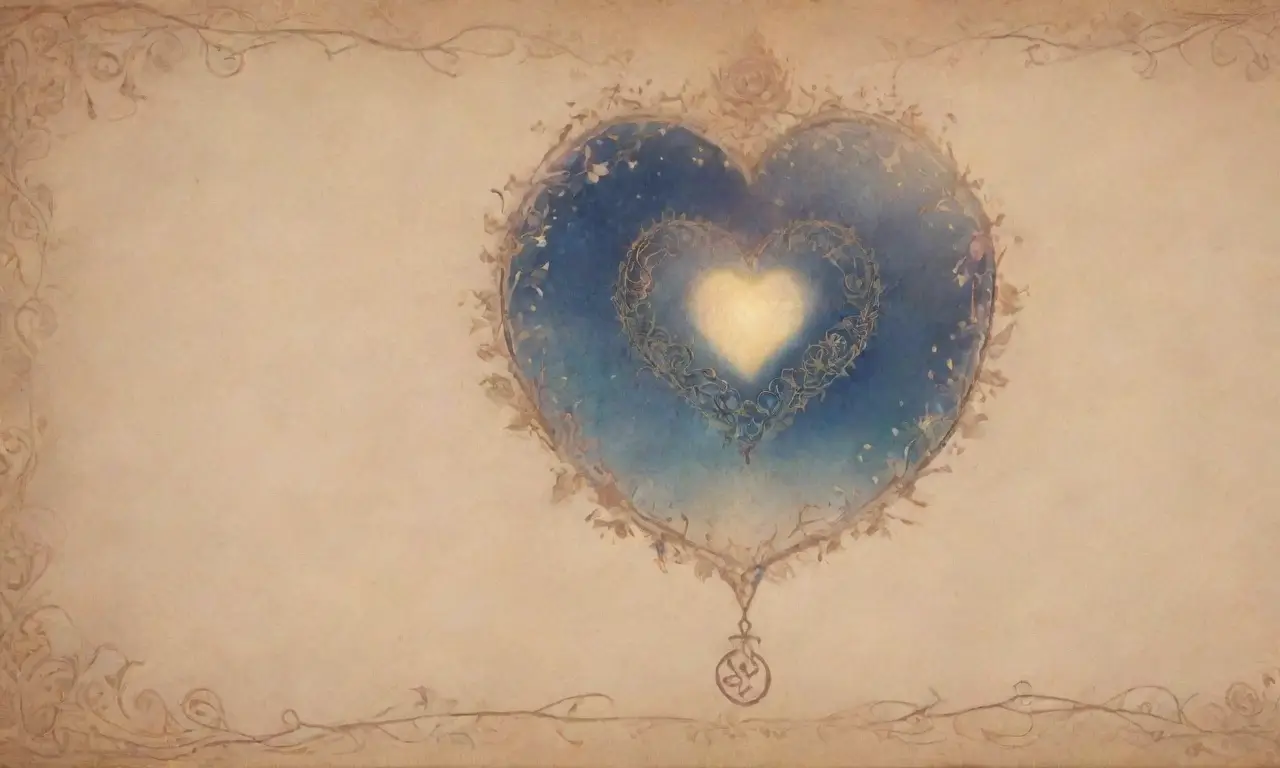 Un fondo de pergamino suave con símbolos antiguos, un corazón radiante, figuras entrelazadas y un camino hacia el horizonte