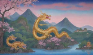 Un dragón majestuoso rodea montañas antiguas bajo un cielo azul