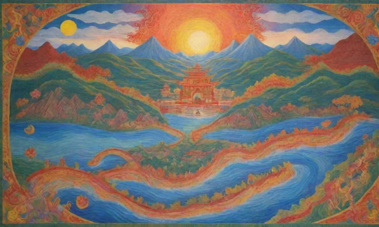 Un mural vibrante de Nüwa rodeada de naturaleza, mitología y armonía