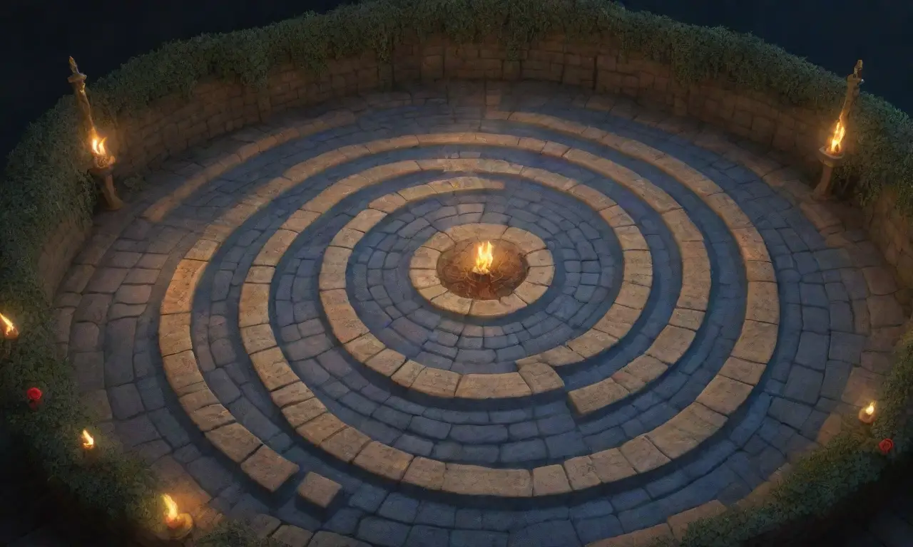 Un laberinto oscuro y misterioso, lleno de sombras, estatuas doradas y ecos lejanos